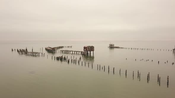 Aerial view of weathered boardwalks, former whaling, Tigres Island