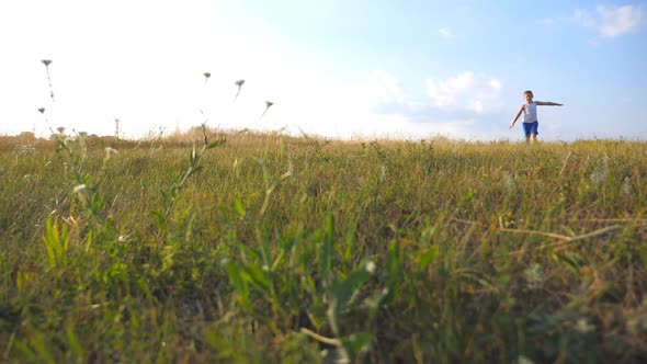 Young Boy with Raised Hands Running on Green Grass at the Field on Sunny Day