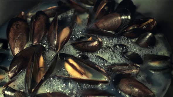 Super Slow Motion Mussels are Boiled in Boiling Water