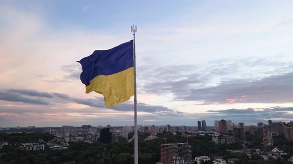 Kyiv - National Flag of Ukraine By Day. Aerial View. Kiev. Slow Motion