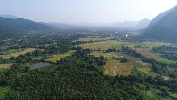 Natural landscapes around the city of Vang Vieng in Laos seen from the sky