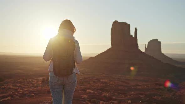 Silhouette Happy Tourist Woman Traveling Wilderness Western American Nature