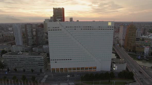 Flying over Rotterdam and its unique buildings, Netherlands