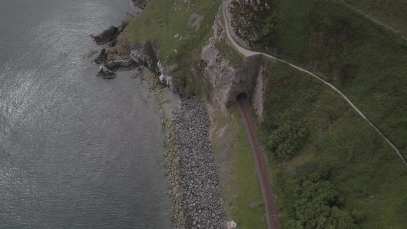 Train Rail In Cliff Walk Trail In Bray, Wicklow, Ireland - aerial shot