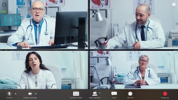 Head Shot Portrait Four Medical Workers Talking on Webcam