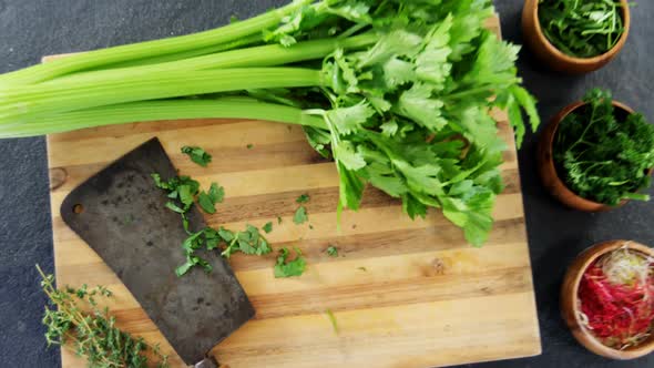 Herbs and wooden board on concrete background