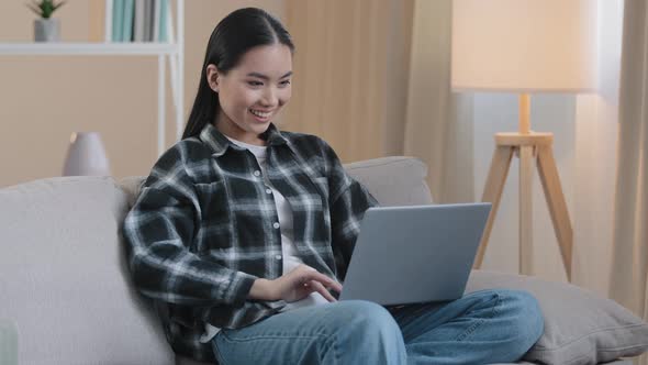 Asian 20s Girl User Millennial Female Student Freelancer Woman Chatting Internet with Laptop Home