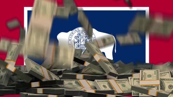 US Dollars Falling in front of Wyoming State Flag