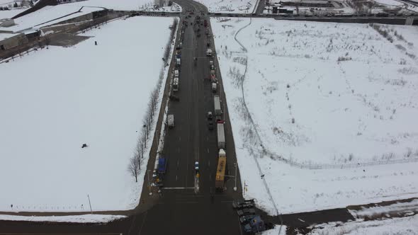 Aerial, trucker's protest in Ottawa, Canada. Trucks causing traffic on road