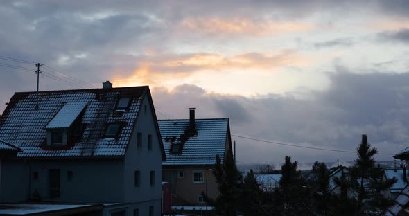 Peaceful Neighborhood With Vibrant Sunlight On The Sky During Sunset In Germany. - Timelapse