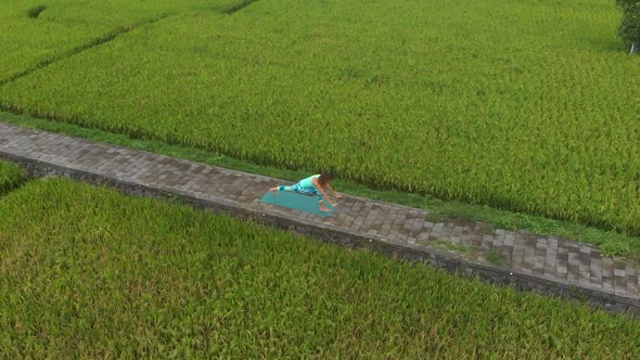 Aerial Slowmotion Shot of a Young Woman Practicing Yoga on a Beautiful Rice Field