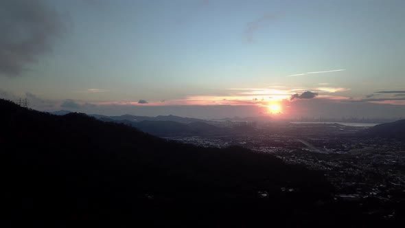 Dark Panoramic Aerial View Of Hong Kong Rural Villages At Sunset. Hong Kong China Border. Kam Tin. S