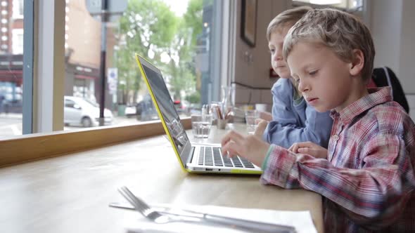 Two boys playing educational game on laptop