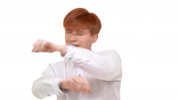 Happy Active Young Redhead Caucasian Man Jumping Dancing Smiling on White Background