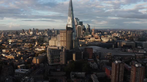 Aerial View of London City Skyline with Shard and Tower Bridge in the Foreground