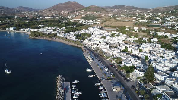 Parikia on the island of Paros in the Cyclades in Greece seen from the sky