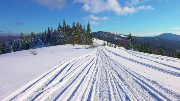 Unusual Landscapes of the Carpathian Mountains and Snowcovered Forests and a Ski Trail