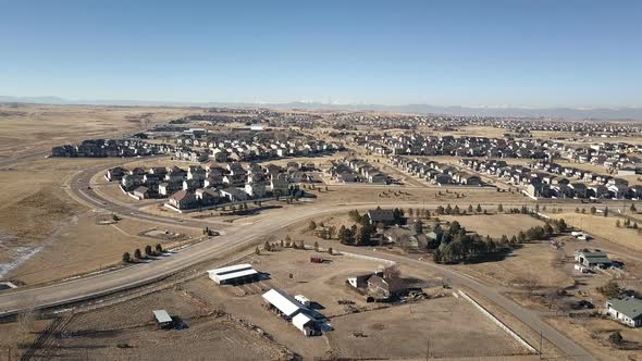 Aerial view of residential neighborhood in suburbia in snowless Winter