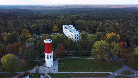 Kemeri Water Tower With Latvian Flag in the Kemeri Resort Park in Jurmala, Latvia.