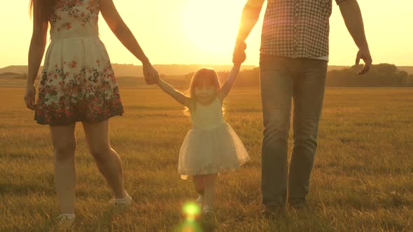 Little Daughter Holds Mom and Dad Hands and Jumps on a Meadow in Park in Rays of Yellow Sun. Family