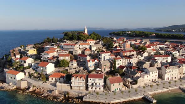 Aerial view of Primosten medieval old town by the Adriatic sea in Croatia