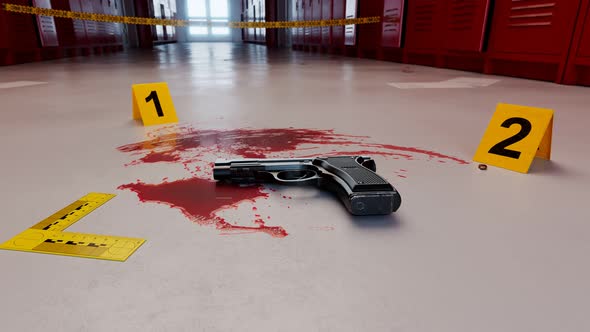 A gun in the blood pool on a floor. Abounded weapon. The crime scene in a school