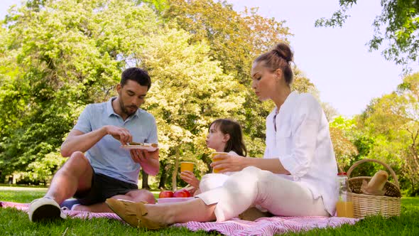 Family Eating Sandwiches on Picnic at Summer Park