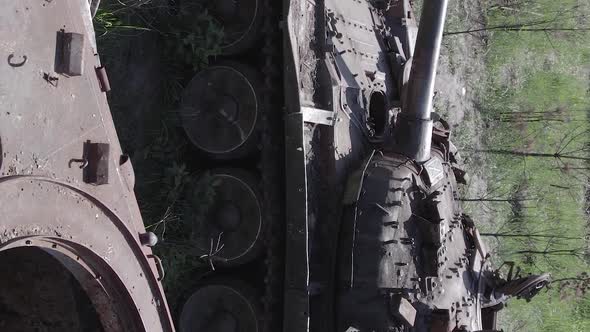 Vertical Video of a Burnt Military Equipment During the War in Ukraine