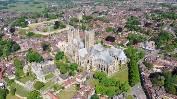 Aerial footage of the Lincoln Cathedral, Lincoln Minster in the UK