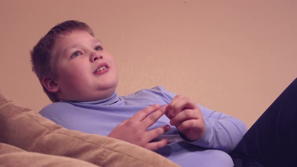 Happy Boy is Watching TV Movies with Enthusiasm Smiling and Talking