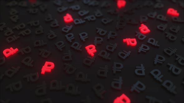 Glowing Red Ruble Signs Among Black RUR Symbols