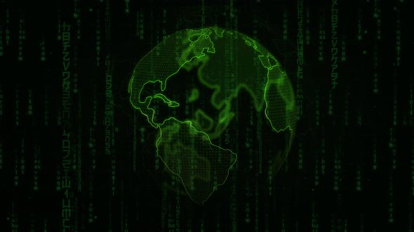 Digital Earth Globe Rotating in Loop With Matrix Code Background alt