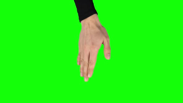 Man Hand in Black Sweater Performing 3x Swipe Down at Tablet Screen Gesture on Green Screen. Close