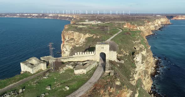 Gate of ancient fortress Kaliakra on a cape Kaliakra. Aerial view.