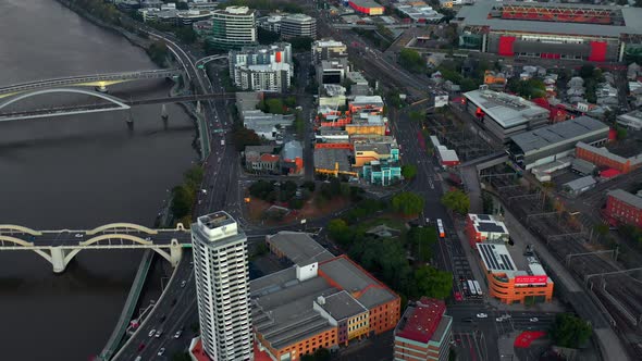 Aerial View Of William Jolly Bridge And The Merivale Railway Bridge In Brisbane City, Queensland, Au