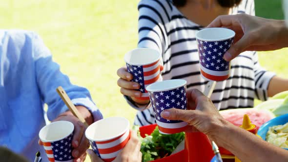 Multi generation family toasting glasses of cold drink 