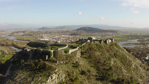 aerial panoramic over imposing Rozafa Castle, aka Shkoder Castle, in northwestern Albania