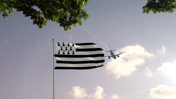 Brittany Flag With Airplane And City -3D rendering
