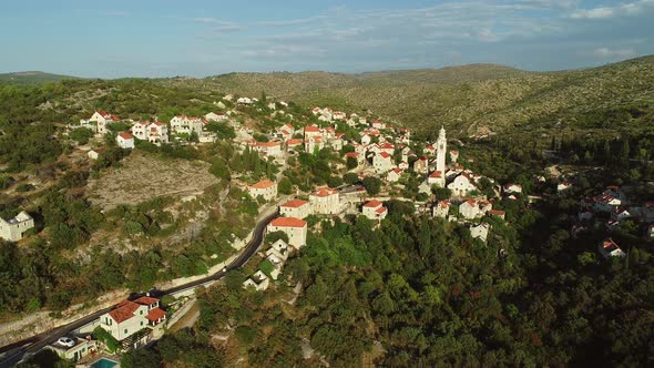 Aerial view of traditional dalmatian village of Lozisca, Brac Island, Croatia.