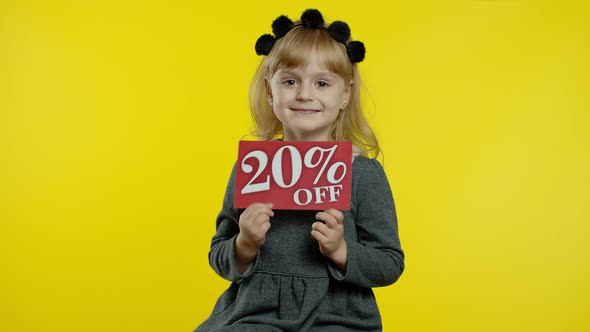 Child Girl Showing 20 Percent Off Inscription Sign, Rejoicing Discounts for Online Shopping Sales