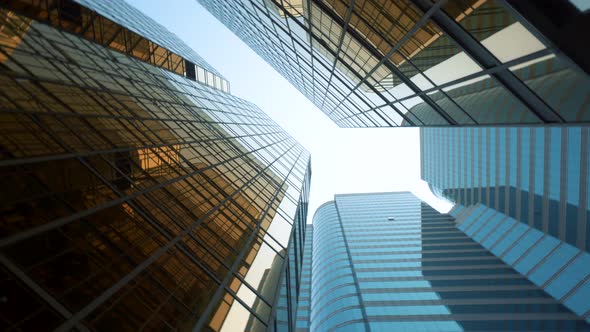 POV View of City Skyline Buildings. Hong Kong Skyscraper Buildings Low Angle