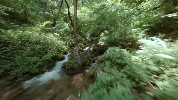 Speed flying drone view rocky river flow in tropical jungle green forest. FPV sport drone cinematic