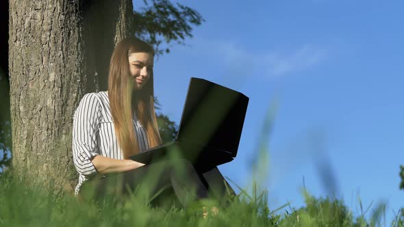 Businesswoman Working on Notebook Computer at Outdoor Park