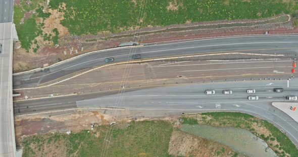 Aerial view of highway road of transport junction from the height drone