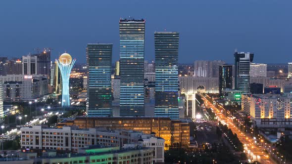 Elevated View Over the City Center and Central Business District Day To Night Timelapse Central Asia