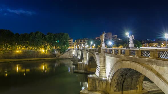 Stunning Ponte Sant'Angelo Bridge Timelapse Hyperlapse Crossing the River Tiber Near Castel Sant