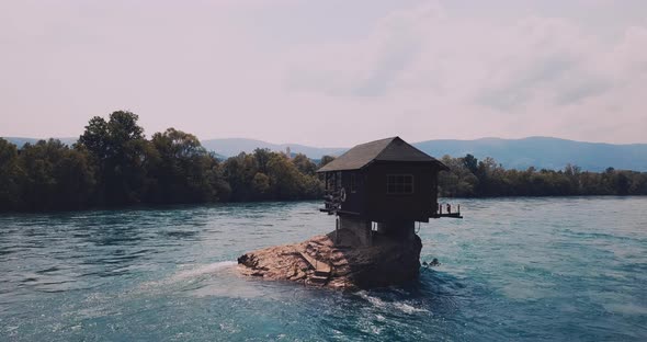 A House On A Rock On The Drina River In Serbia