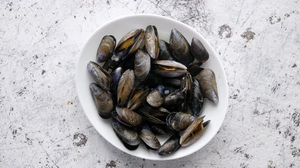 Fresh and Raw Sea Mussels in White Ceramic Bowl on Stone Background