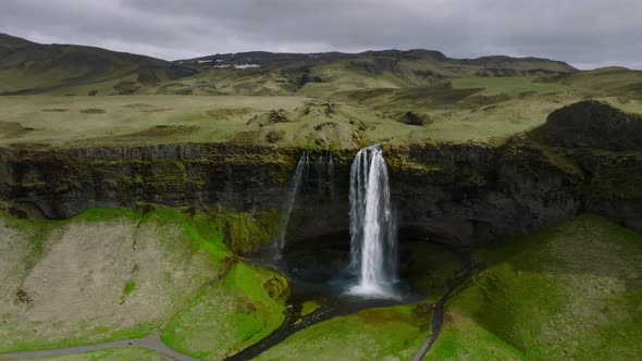 Aerial View of the Seljalandsfoss  Located in the South Region in Iceland