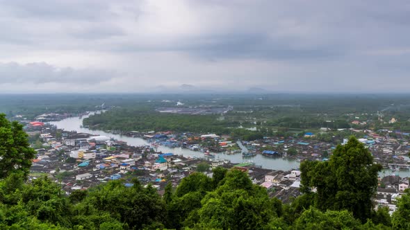Pak Nam Chumphon town, fisherman village, and river from Khao Matsee scenic viewpoint - Time Lapse